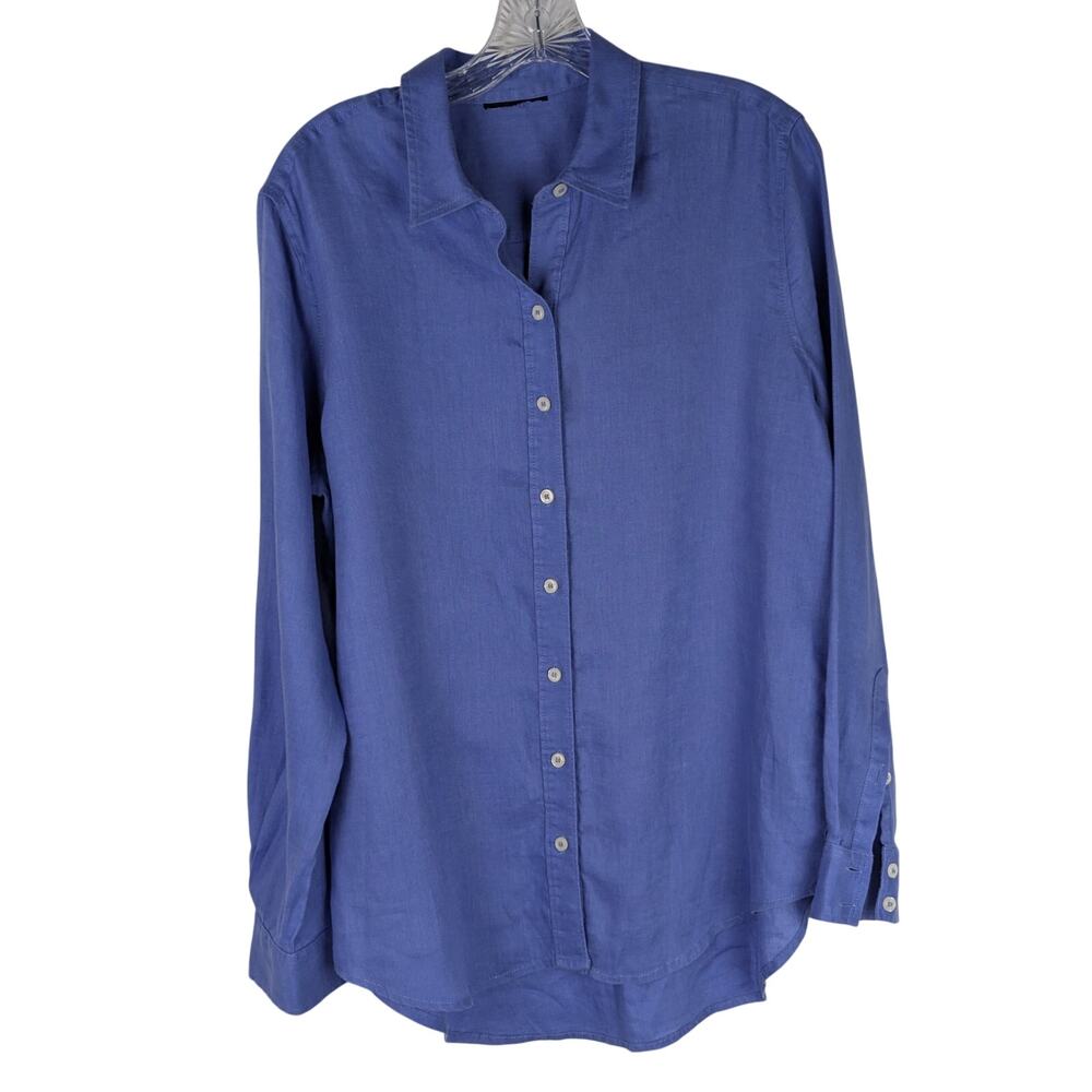 Lord & Taylor 100% Linen Button Down Shirt Blue Long Sleeve Tunic Blouse Large